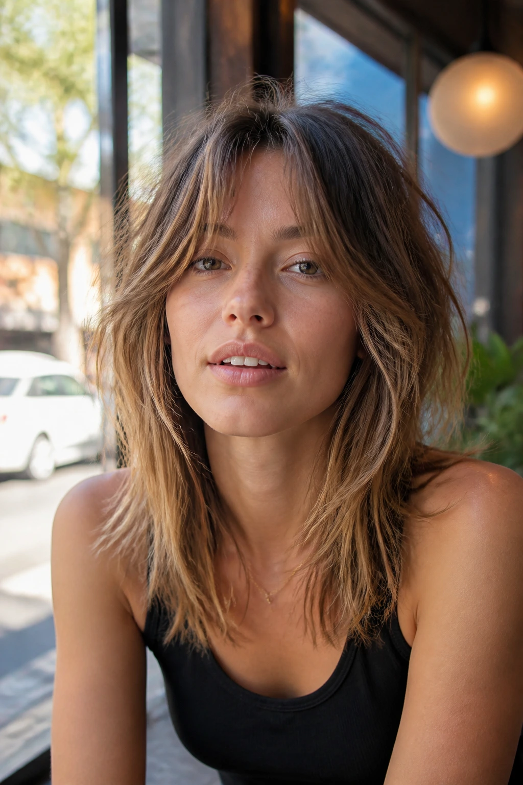 Portrait of a person with long choppy curtain feathered bangs