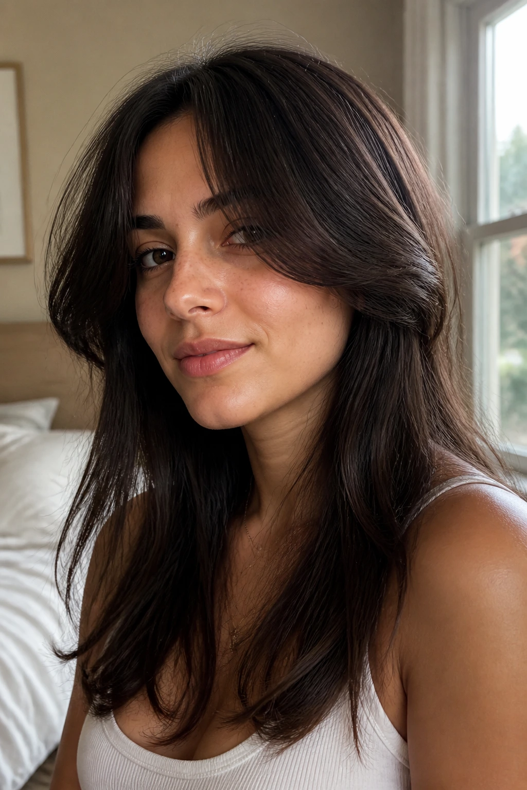 Close-up of a real woman with long curtain bangs framing her cheeks in warm window light