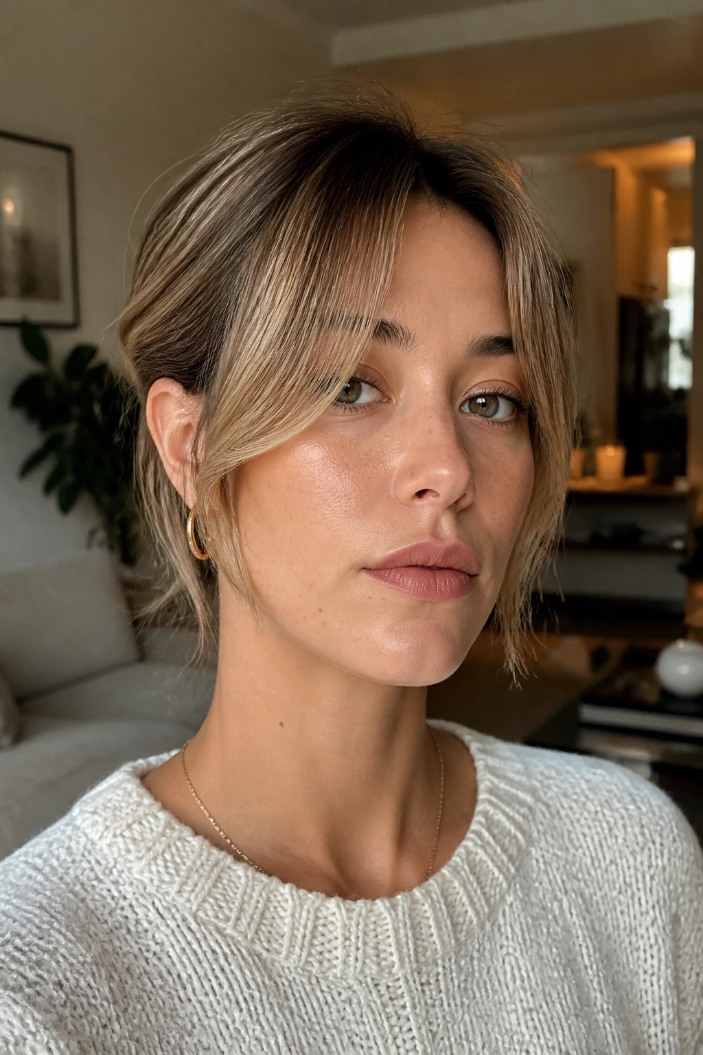 Close-up of a woman with long grown-out curtain bangs in a cozy living room
