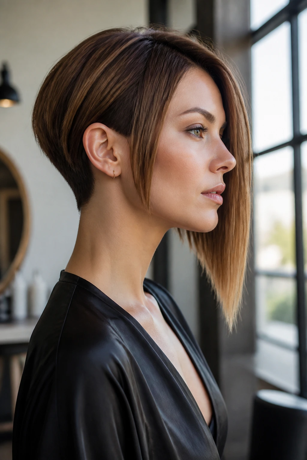 Close-up portrait of a real person with a long front and short back wedge hairstyle