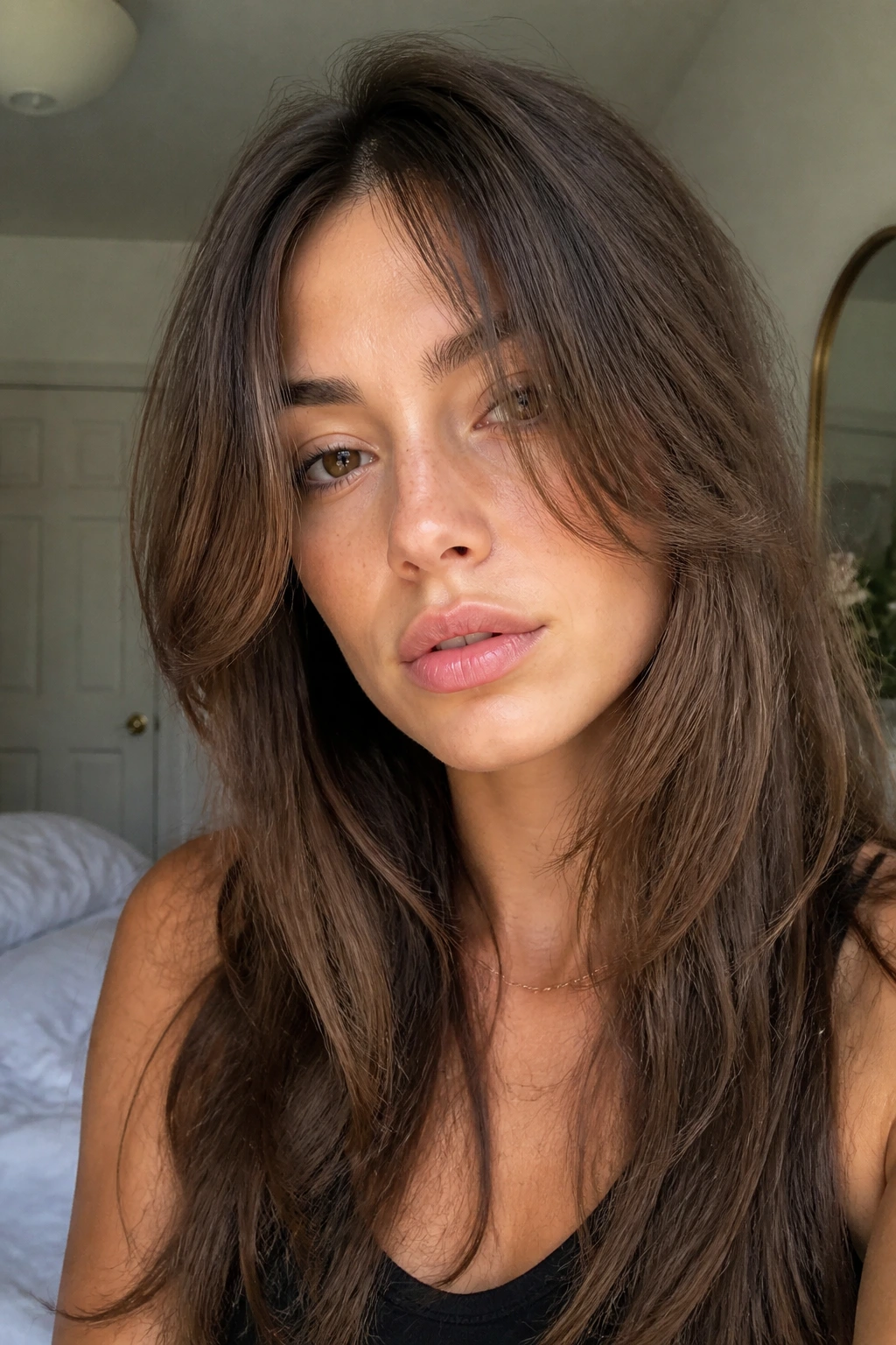 Close-up of real woman with long layered fringe
