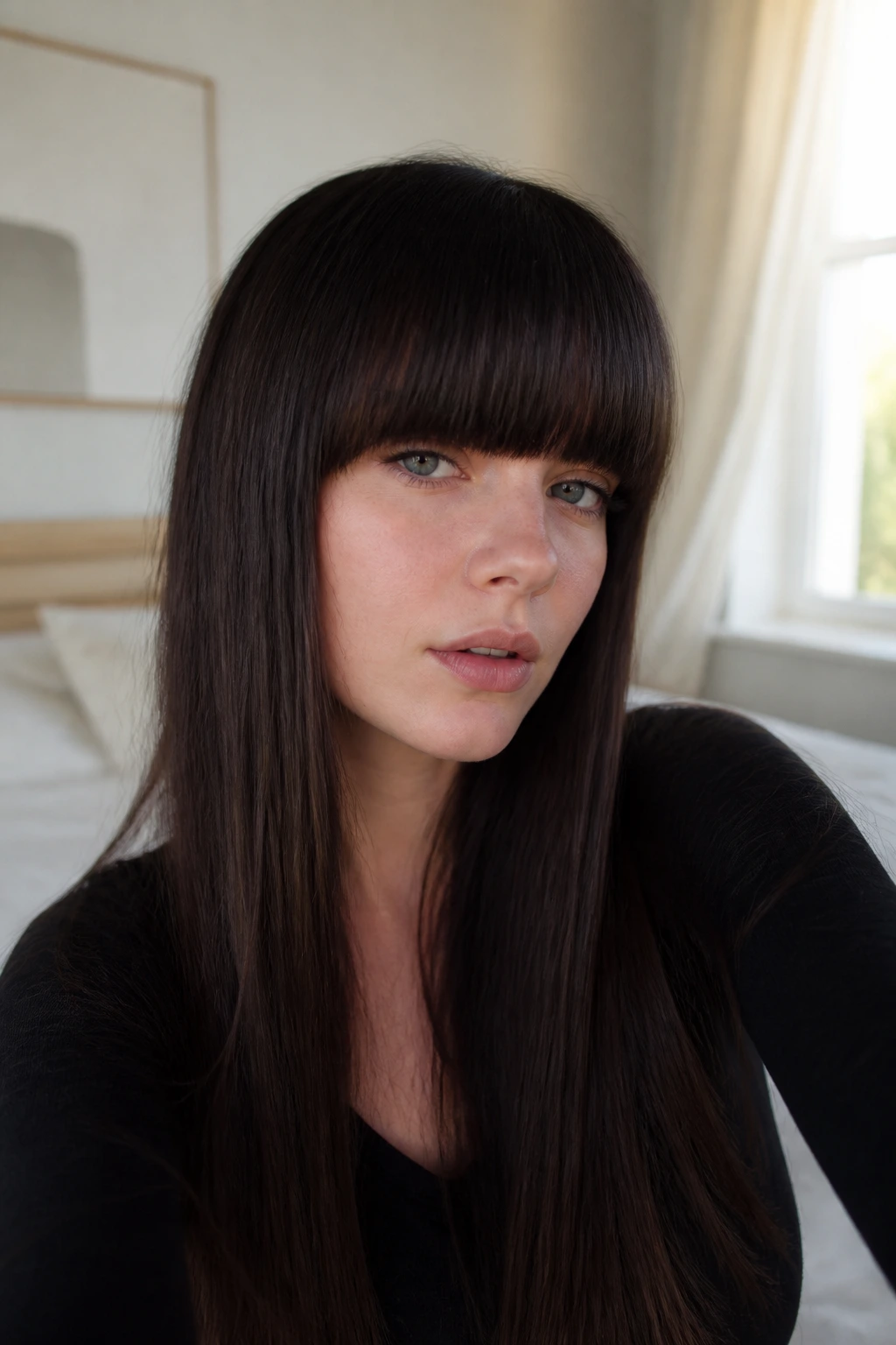 Portrait of a real girl with long straight hair and blunt bangs