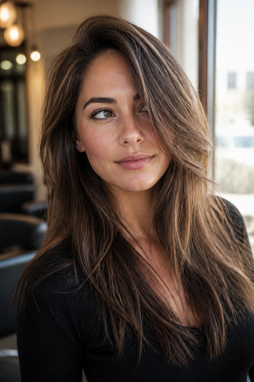 Close-up of a real woman with long choppy layers and a deep side part