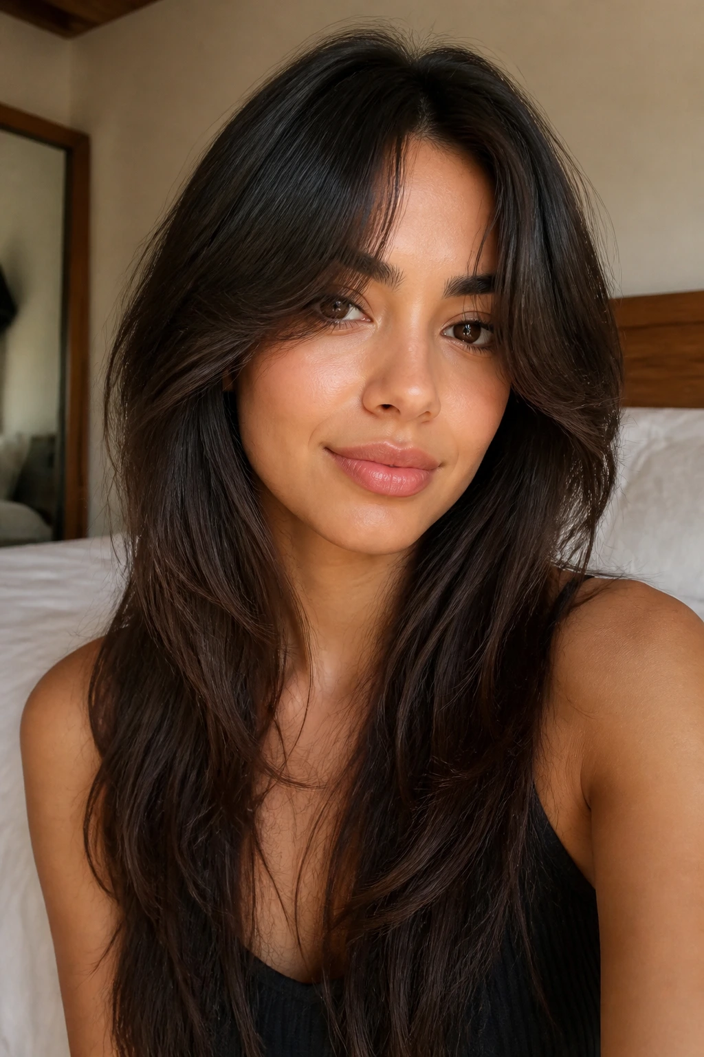 Close-up of a woman with long wispy layers and center-part curtain fringe in soft natural light