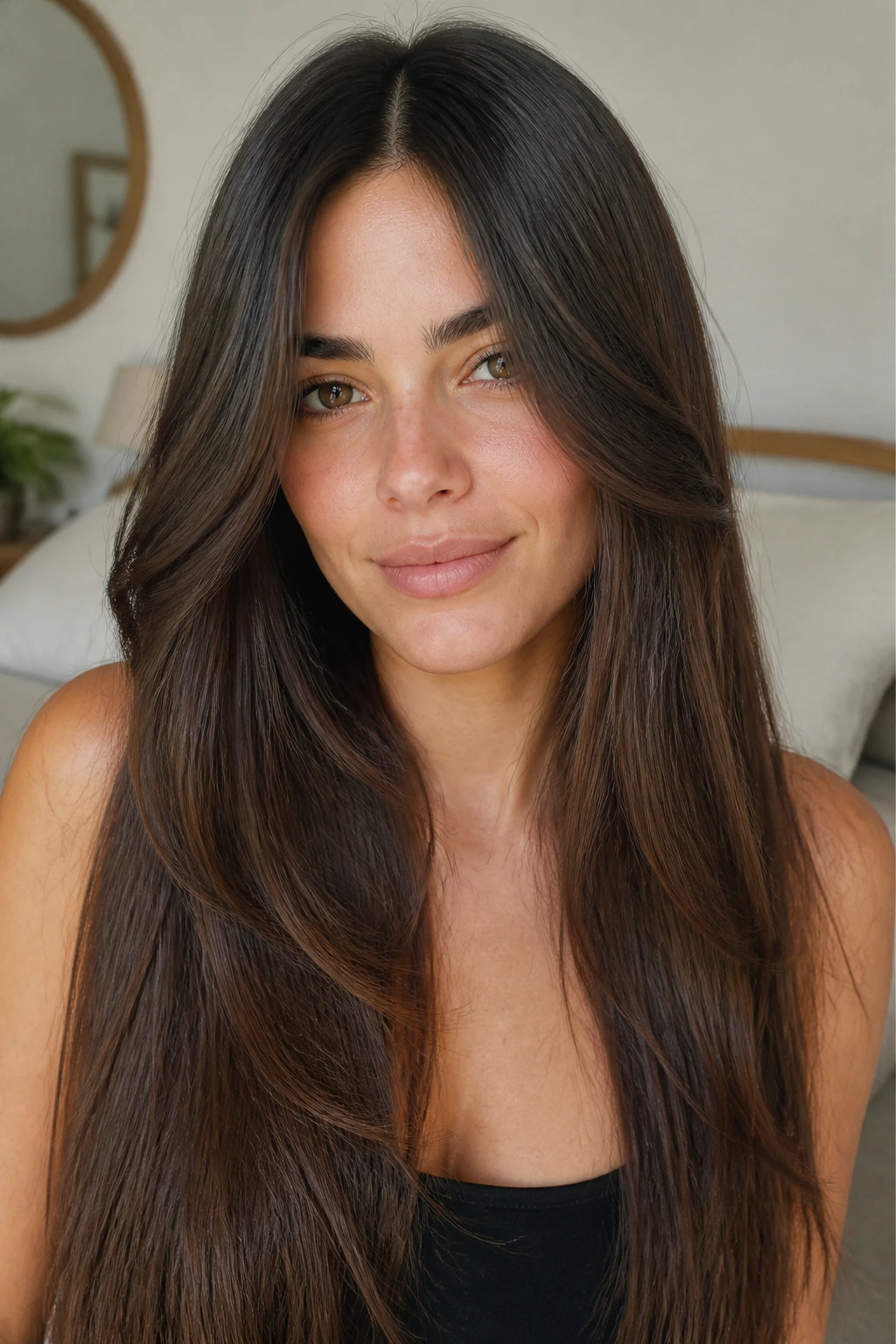 Close-up of a real woman with long straight hair and face-framing layers around the cheeks