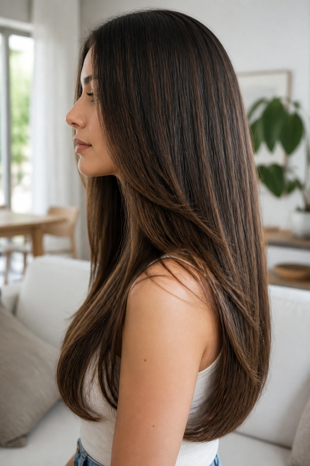 Close-up of long hair with subtle internal layers creating lift and movement