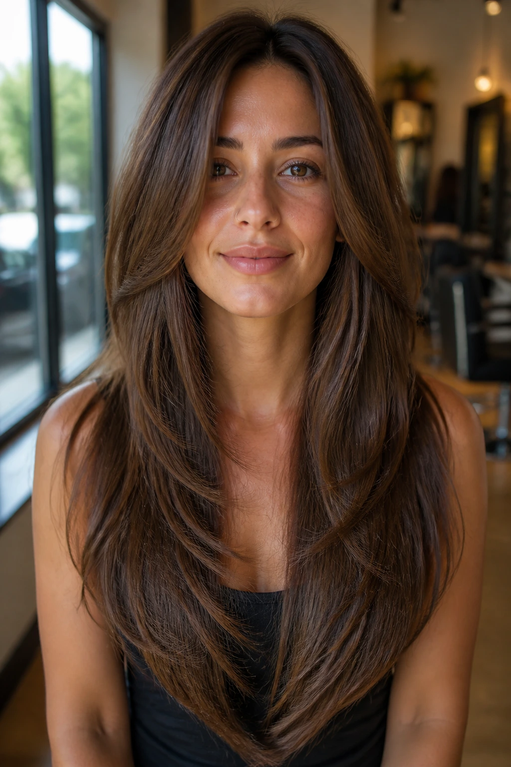 Close-up portrait of a real woman with long V-cut layered hair.