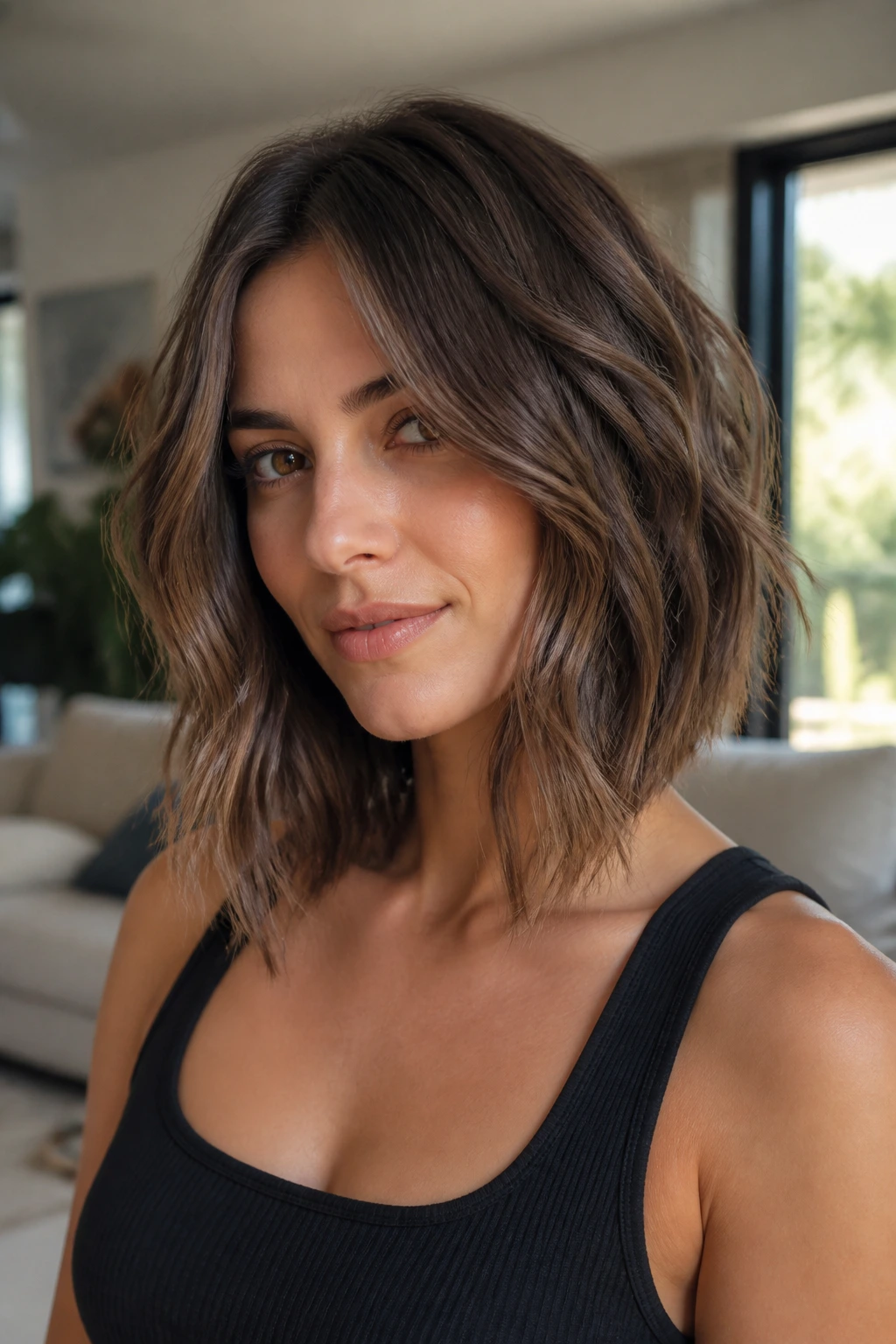 Portrait of real woman with long inverted bob reaching collarbone, front pieces framing face, natural light