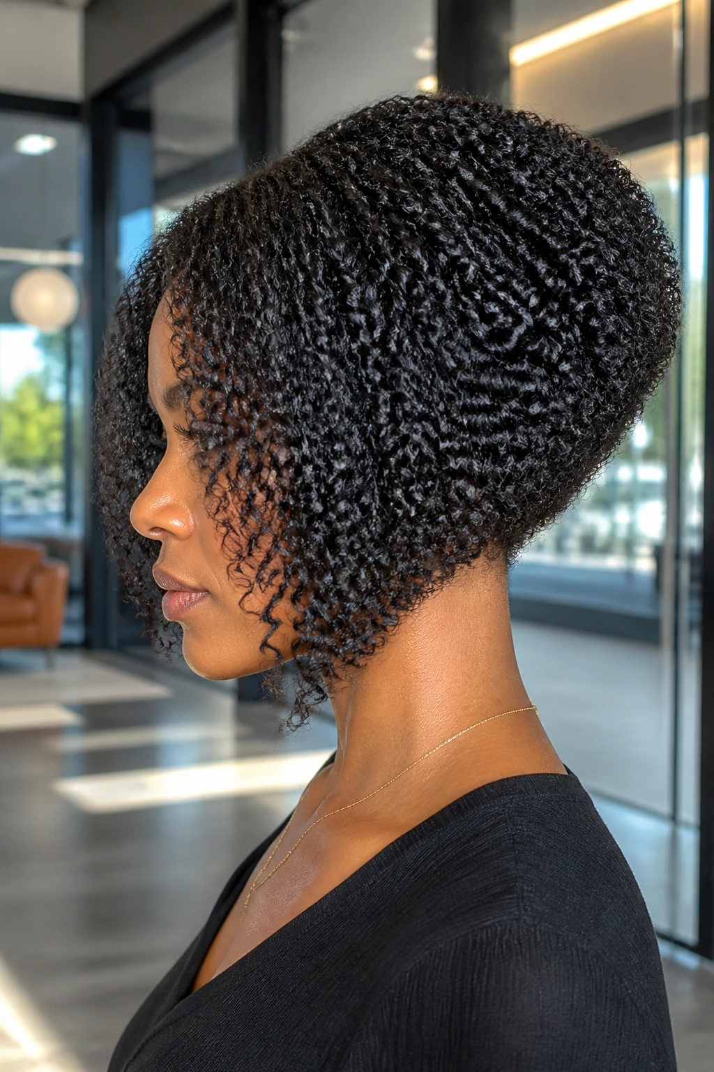 Side profile of a real woman with a long inverted stacked bob, showing extended front length.