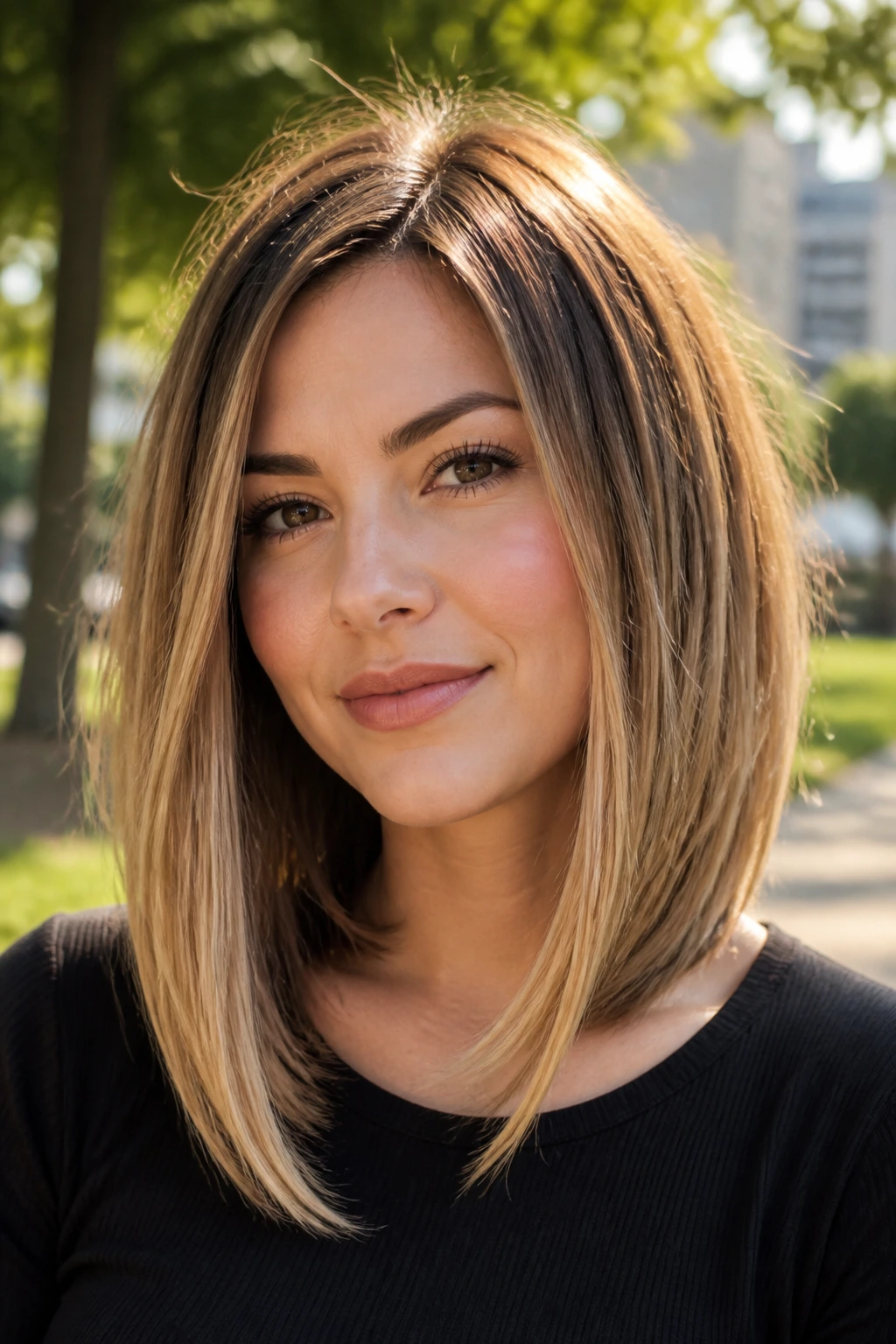 Close-up of a real woman with a long inverted lob