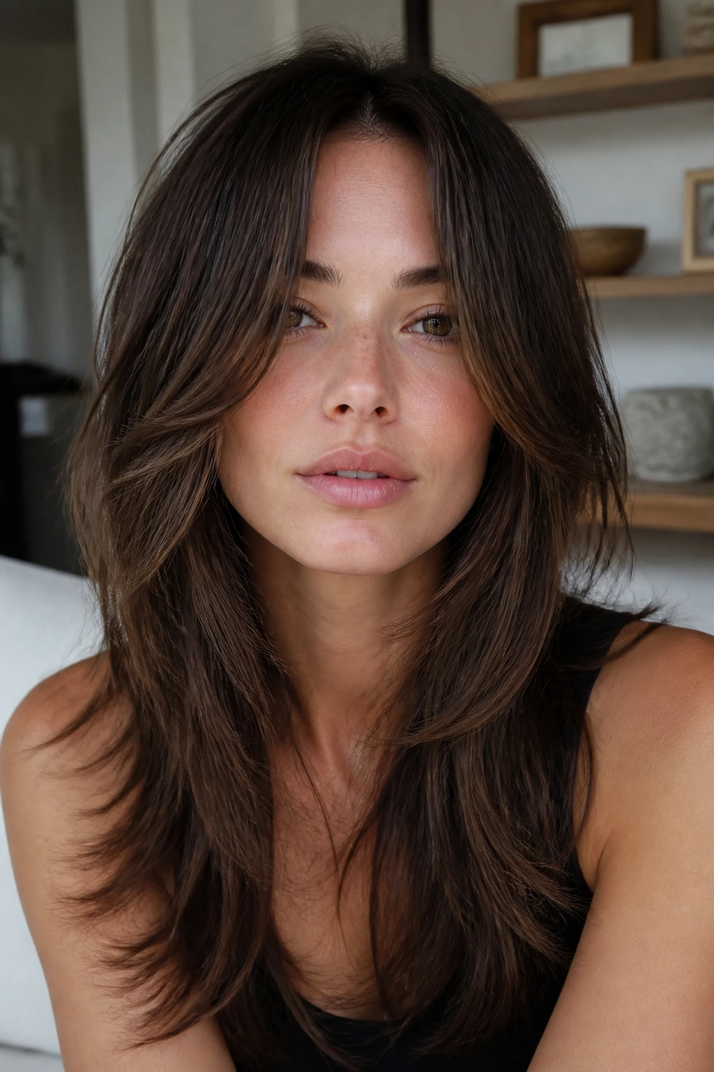 Close-up of long draped bangs framing the face from nose to jawline