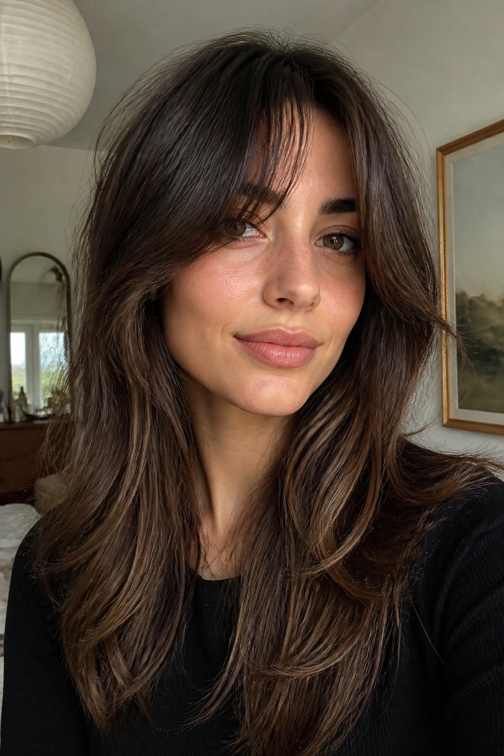 Close-up of a real person with long grown-out layered bangs framing the cheeks