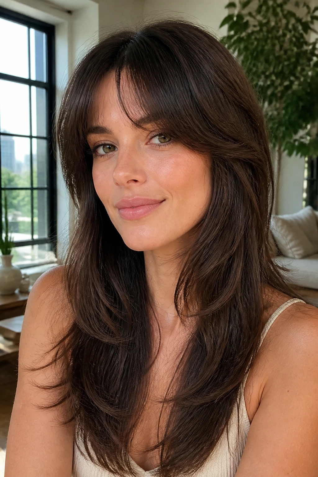 Close-up of long layered cut with Bardot bangs on a real person in a bright living room