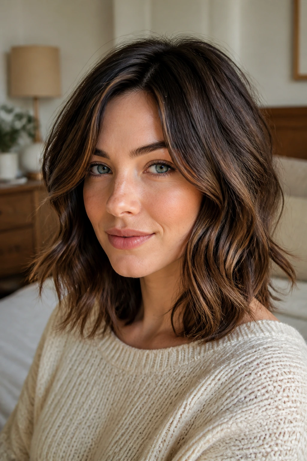 Close-up of a real woman with a long-layered wavy bob featuring jawline-starting layers in natural window light
