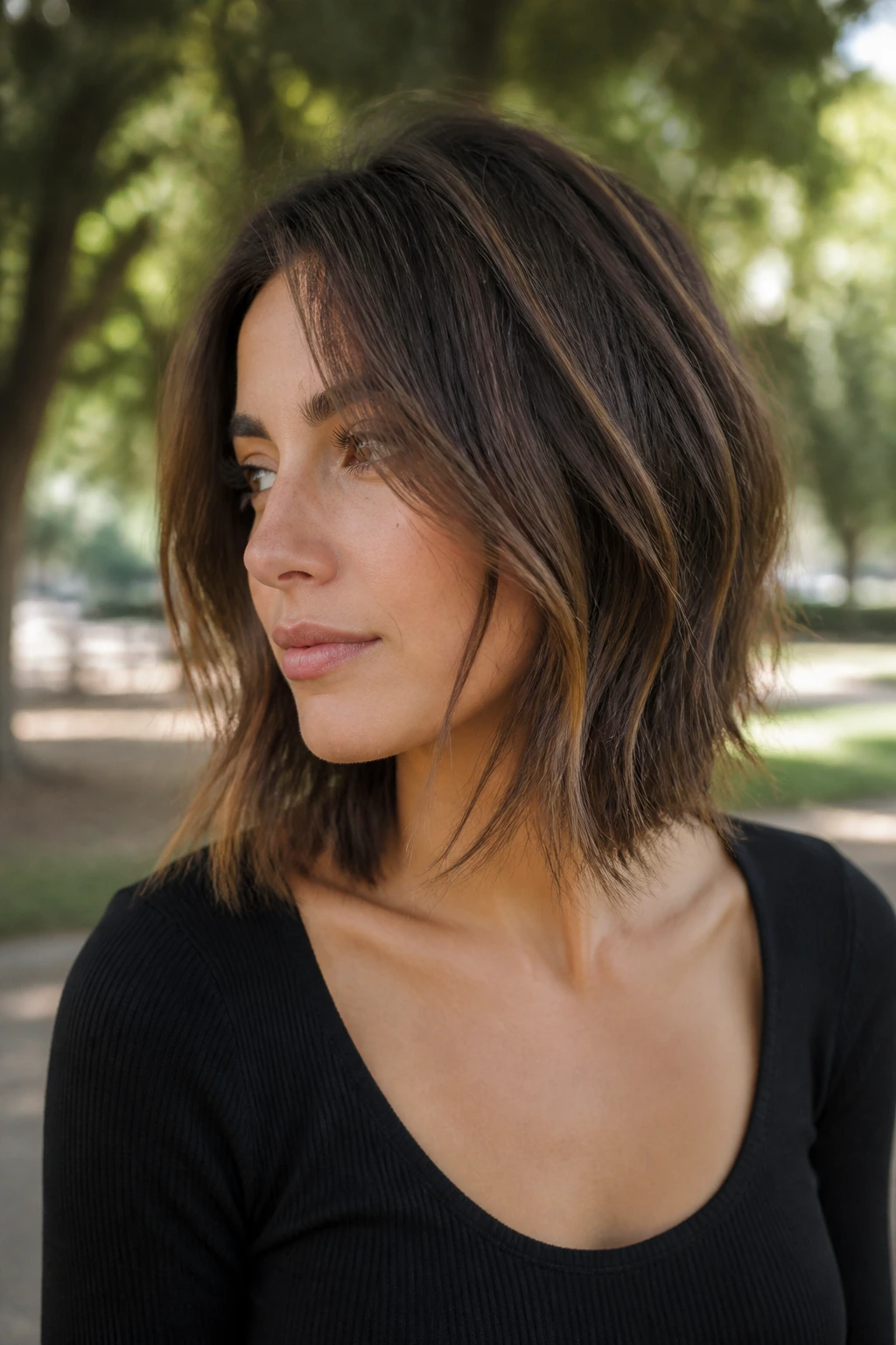 Real woman with long-layered choppy lob hairstyle in park sunlight