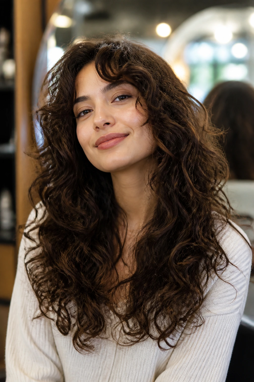 Close-up portrait of a woman with long layered curls.