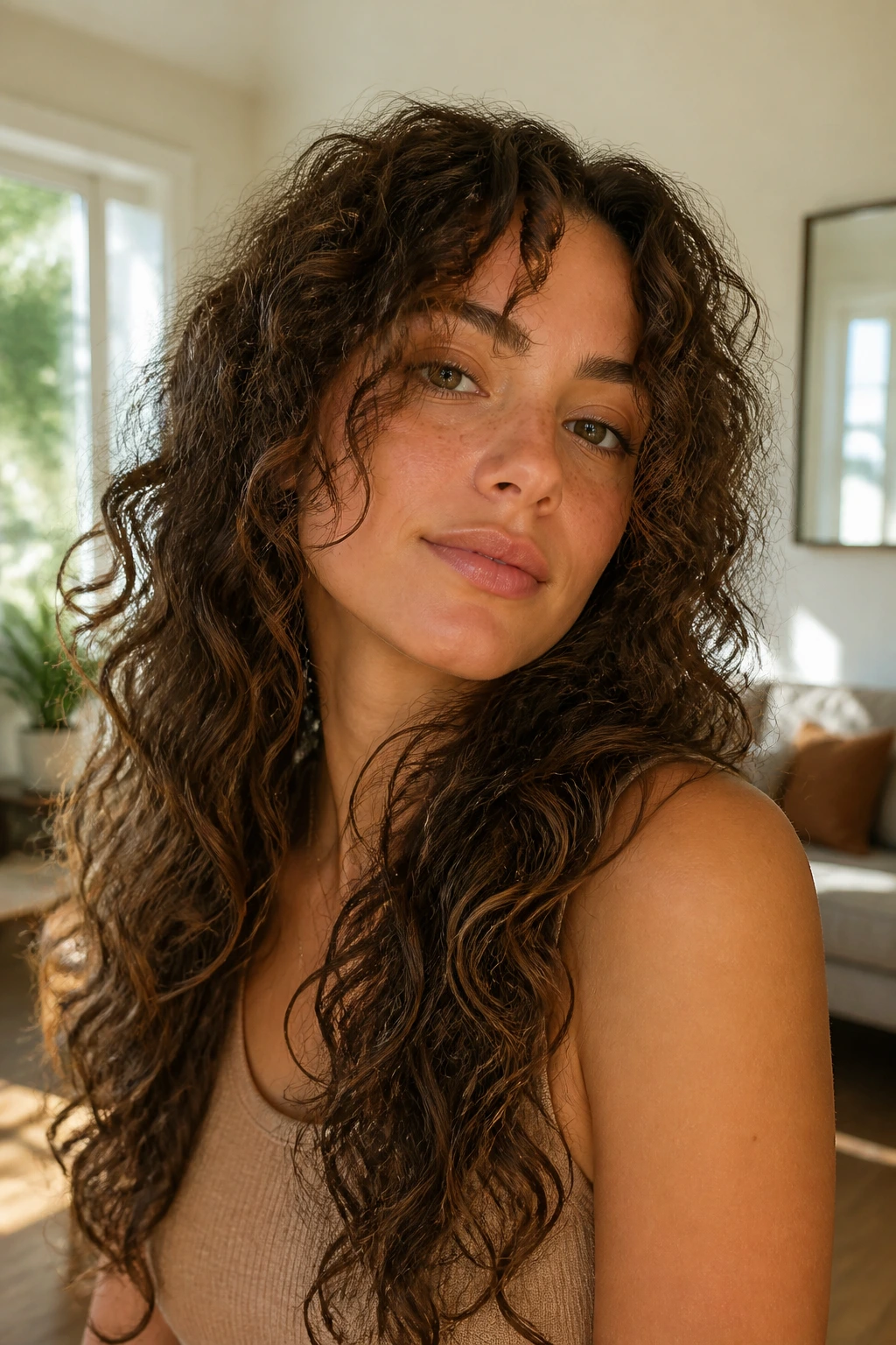 Close-up of a real person with long curls and face-framing layers.