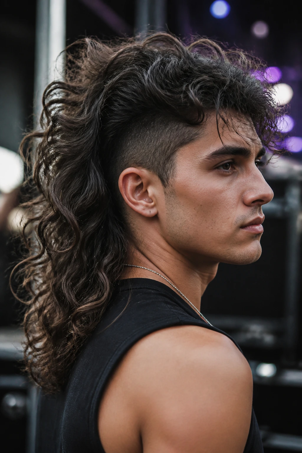 Portrait of a person with a long, layered flowing mohawk and cascading waves.