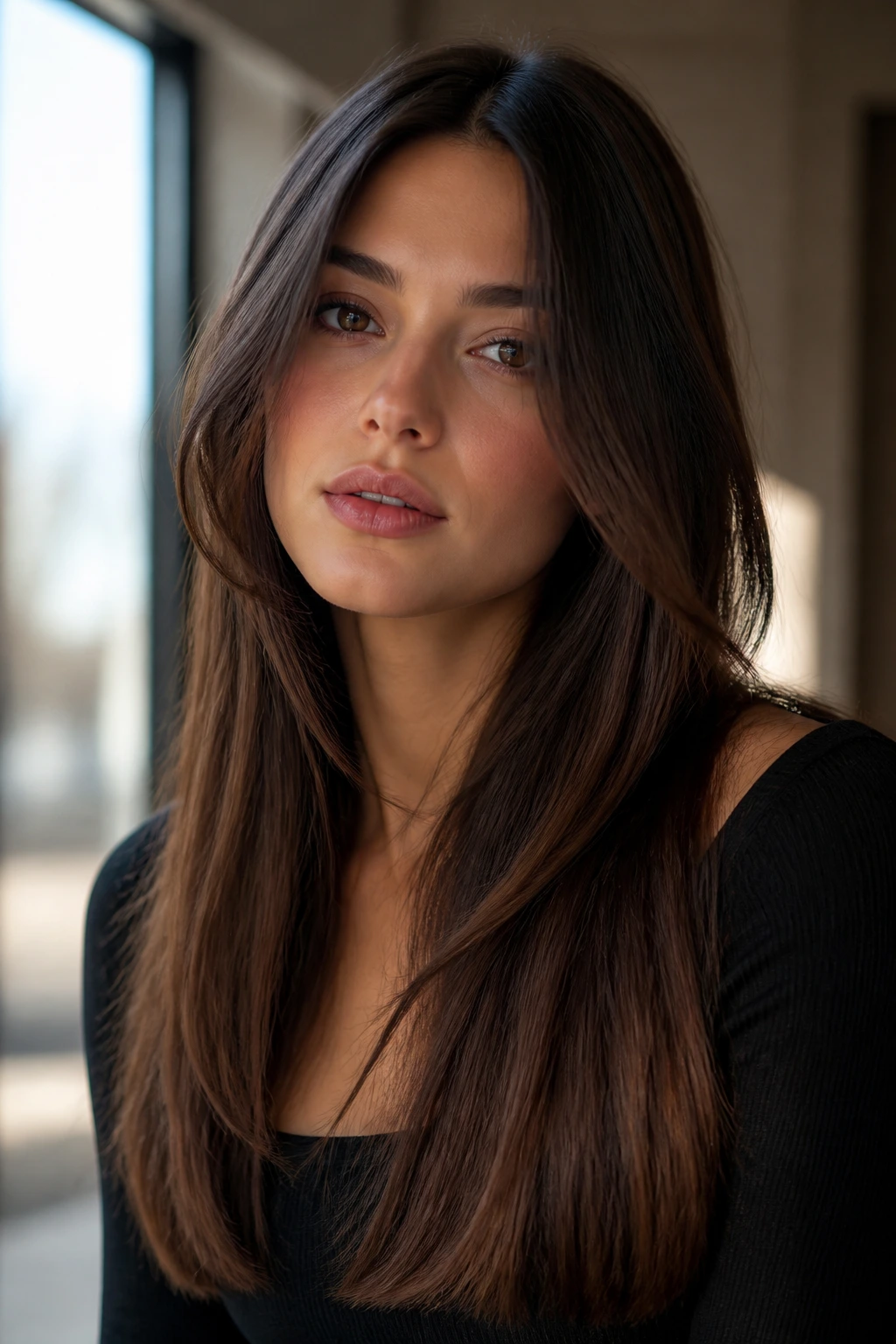Close-up portrait of a real person with long layers and blunt ends