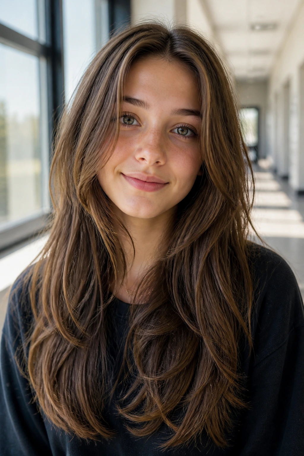 Teenage girl with long layered hair in natural light