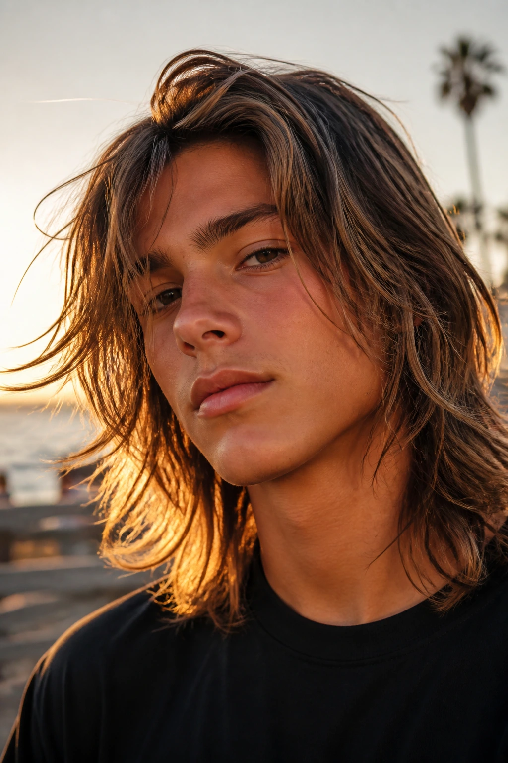 Teen with long layered hair outdoors on boardwalk