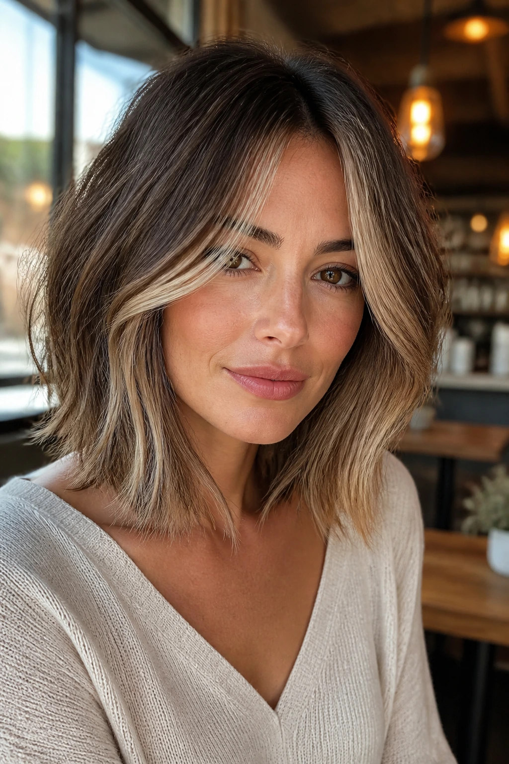 Portrait of a real woman with long layered bob and face-framing highlights around the bangs