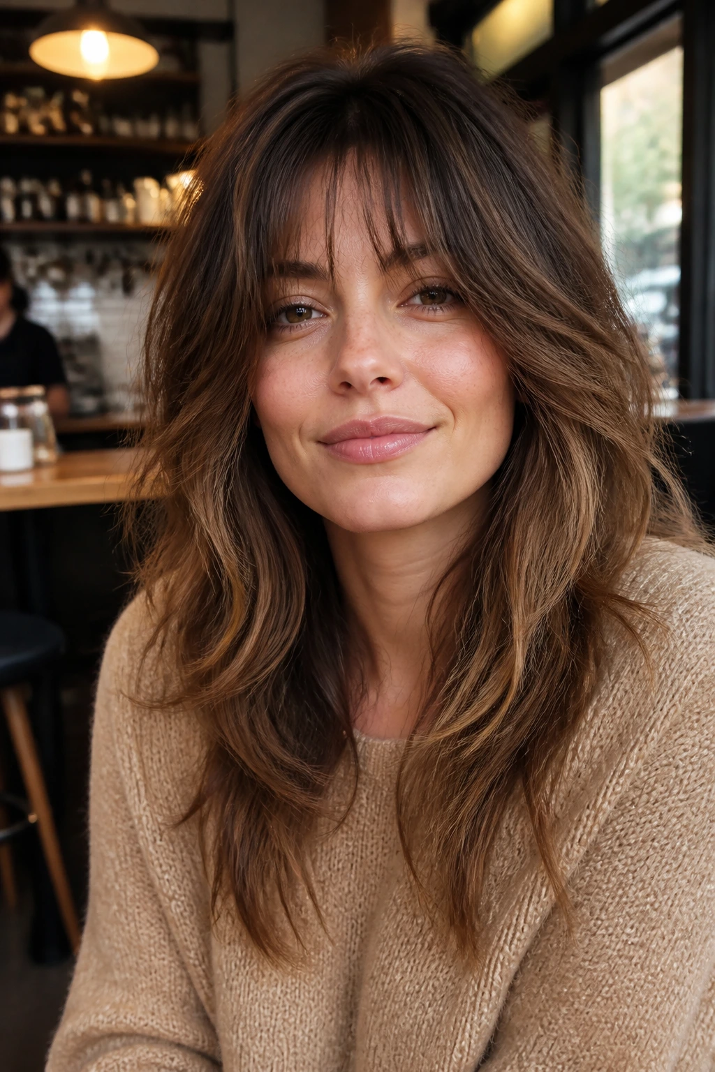 Close-up portrait of a real woman with long-layered shag and soft face-framing layers
