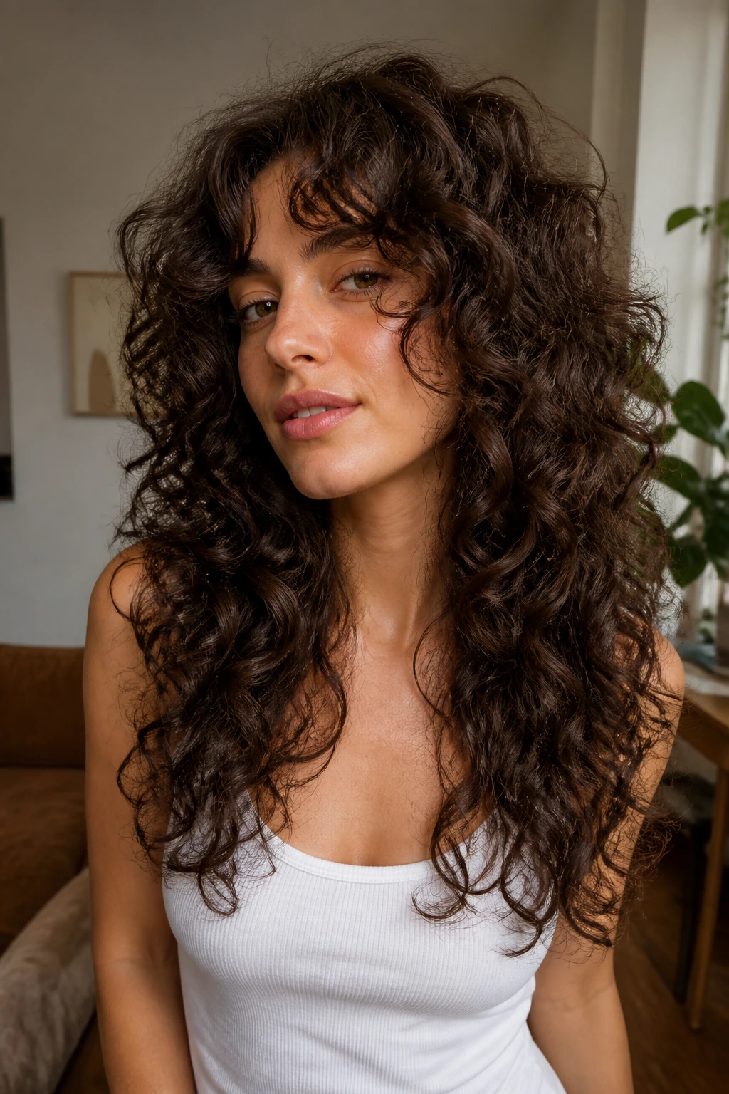 Medium close-up of a real person with long layered shag curls past the shoulders