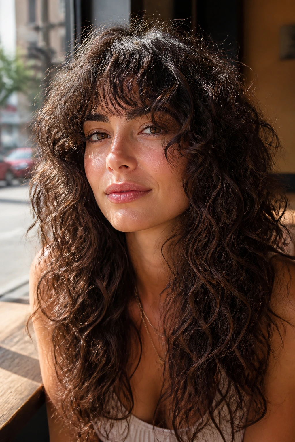 Close-up portrait of a real person with a long layered curly shag hairstyle filling the frame