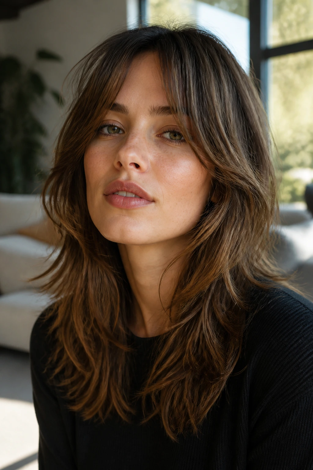 Close-up of a person with a long layered shag hairstyle in a sunny living room