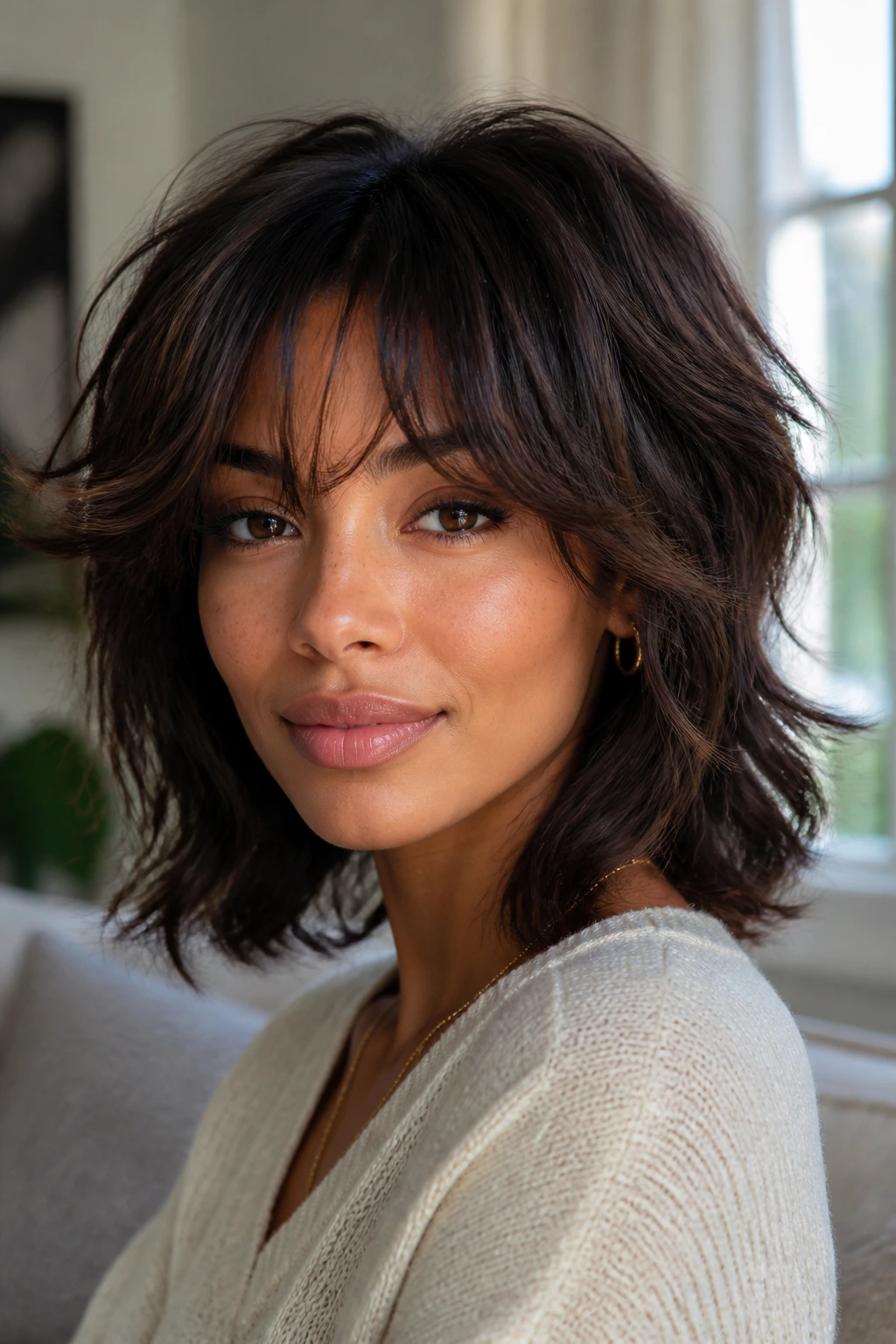 Close-up portrait of a real person with long-layered lob shag