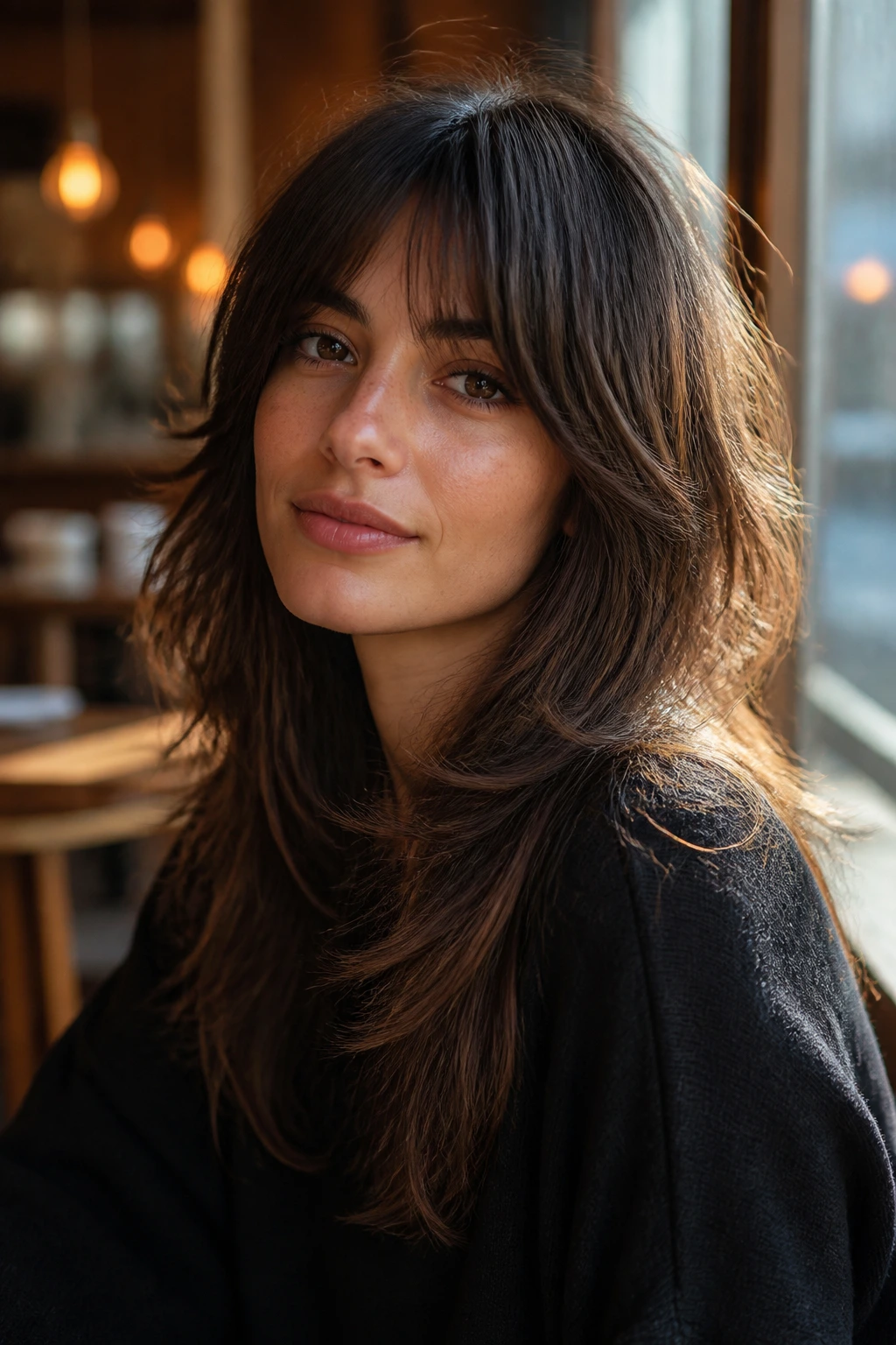 Close-up portrait of a real person with long, disconnected layers for an airy shag