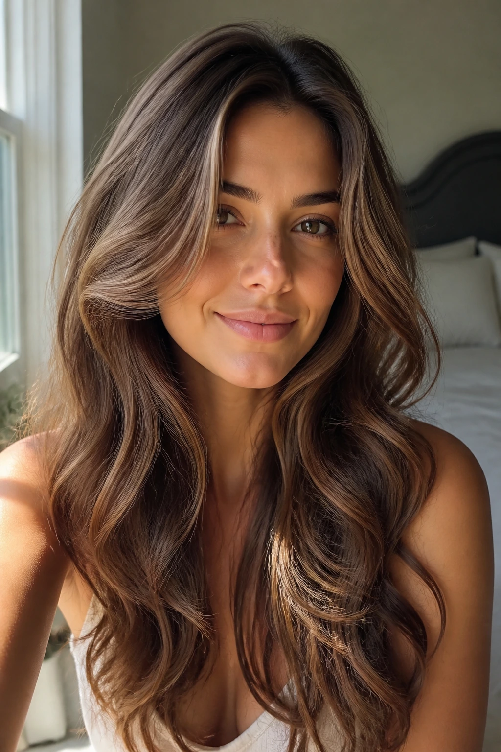 Close-up of a real woman with long layered waves in natural window light