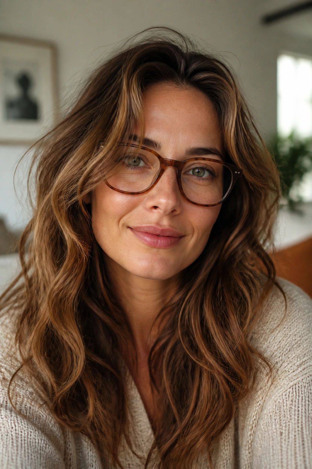 Close-up portrait of a real woman with long layered waves framing her jawline.