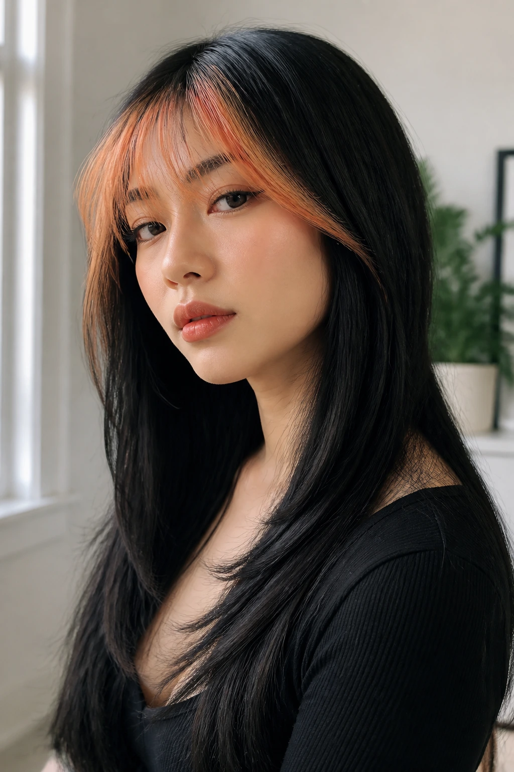 Real person with long straight layers and deep apricot wispy fringe