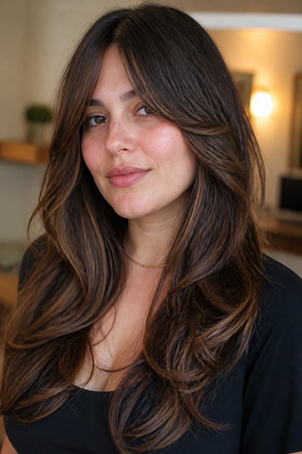 Close-up of a real woman with long layered hair and curtain bangs framing her face.