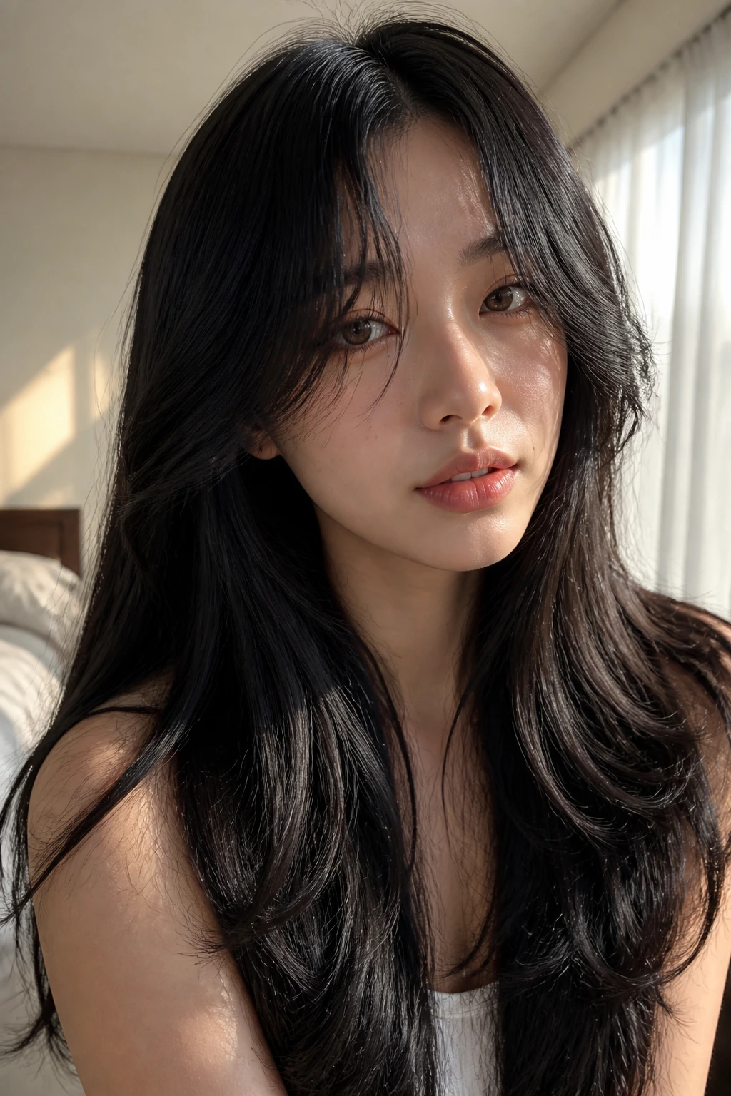 Close-up portrait of a real woman with long jet-black hair and curtain bangs