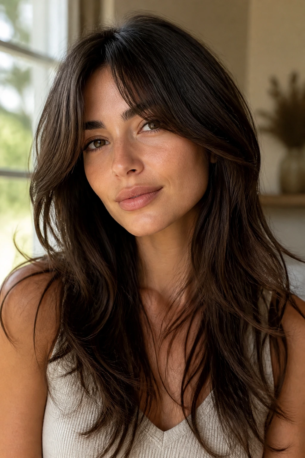 Portrait of a real woman with long layers and curtain bangs under warm ambient light