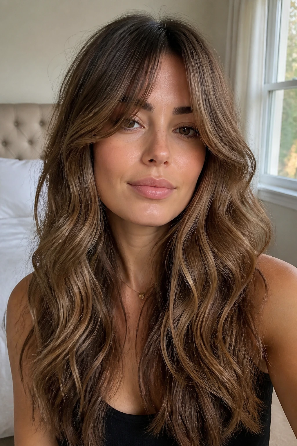 Close-up of a woman with long layers, curtain bangs, and wand waves in a cozy room.