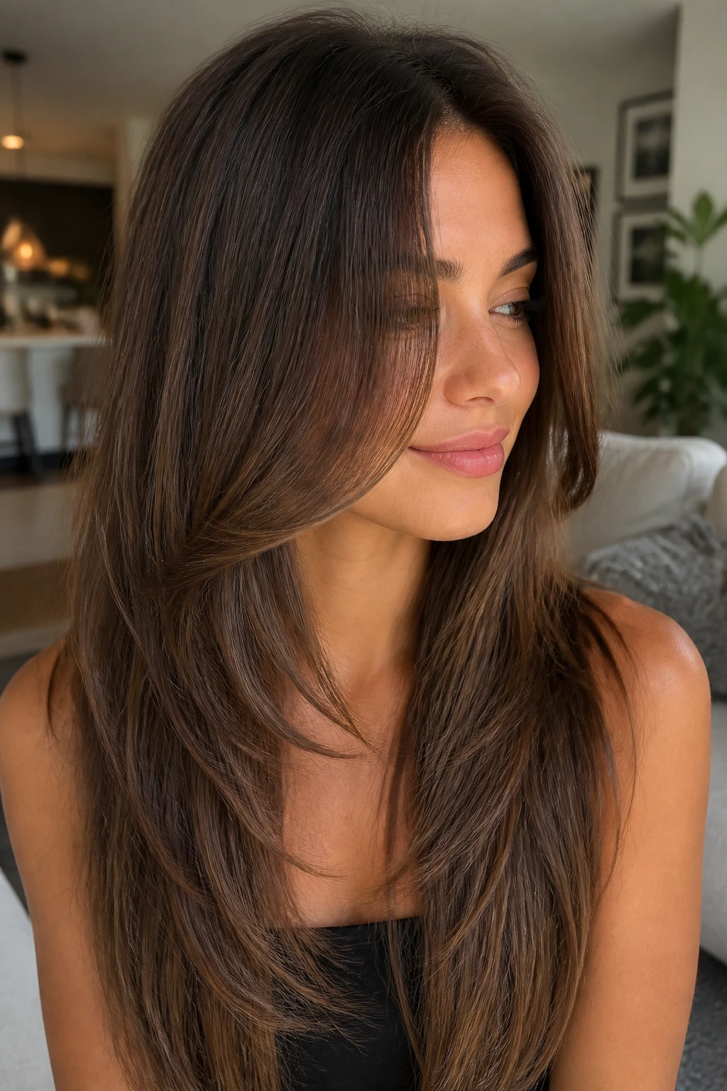 Long straight hair with face-framing curved layers on a real person
