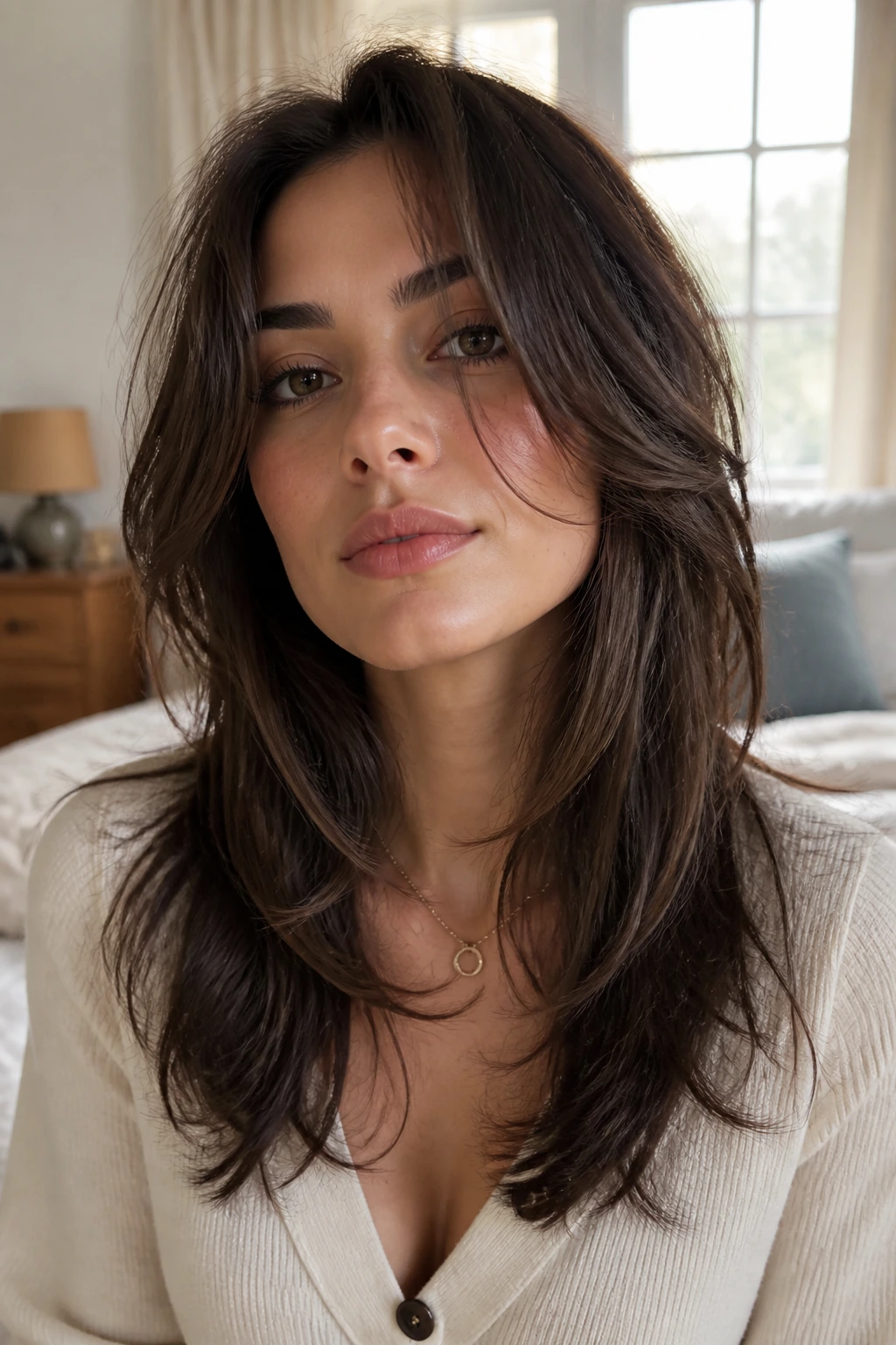 Close-up of a real woman with long layered hair framing her face in soft waves