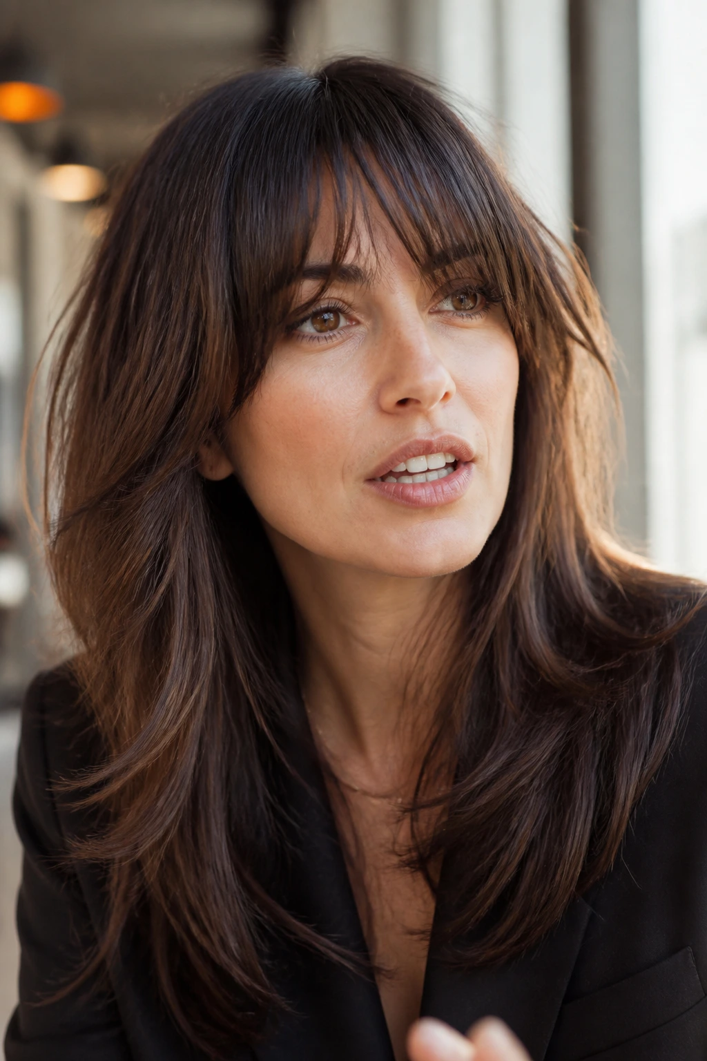 Close-up of a woman with long layered hair and choppy feathered fringe in a sunlit office