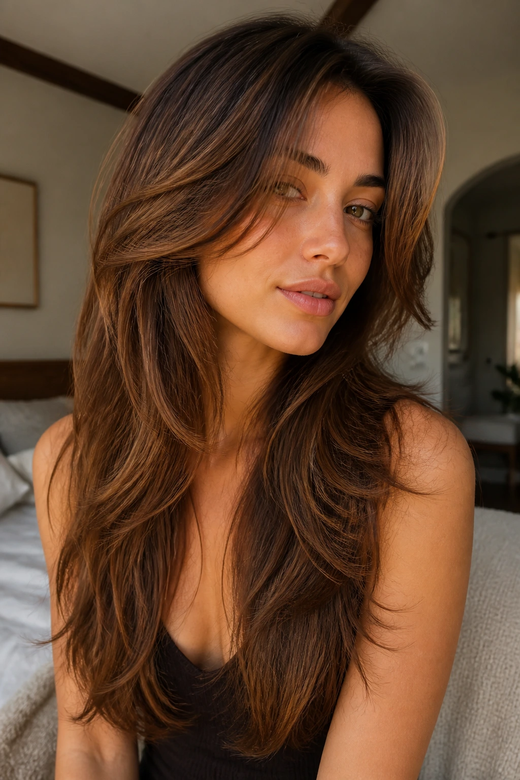 Close-up of a real woman with long layered hair and face-framing strands, natural window light.