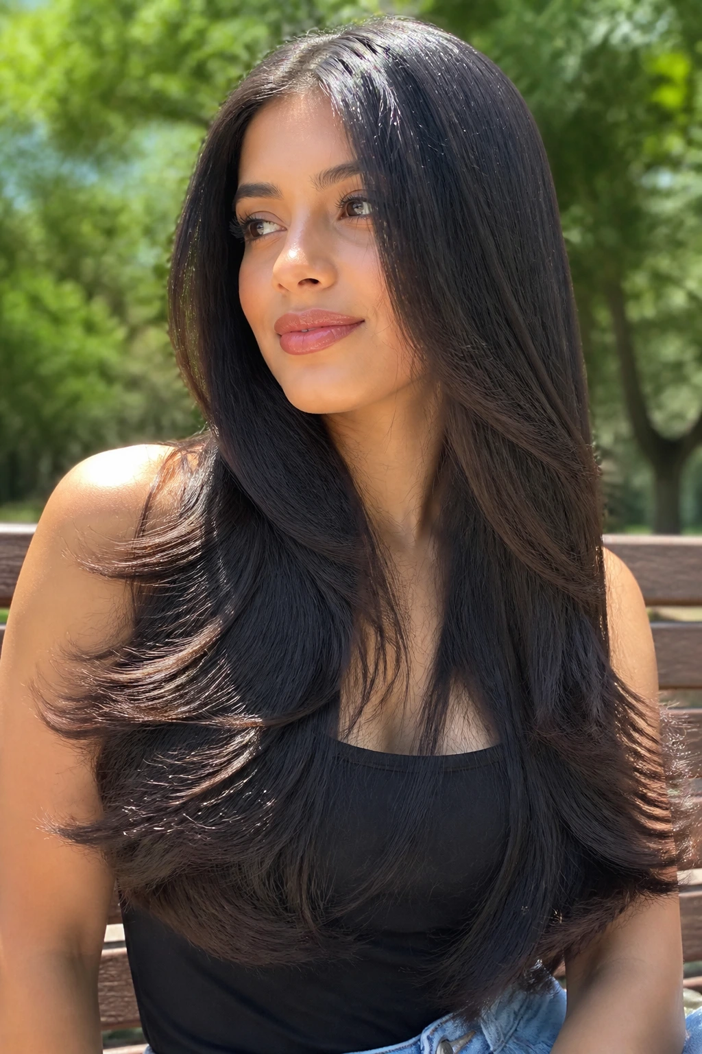 Close-up of a real woman with ultra-long layered hair and outward flicked ends.