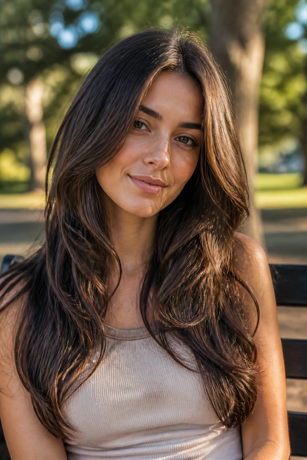 Close-up portrait of a real woman with long layered hair and internal thinning in a center part