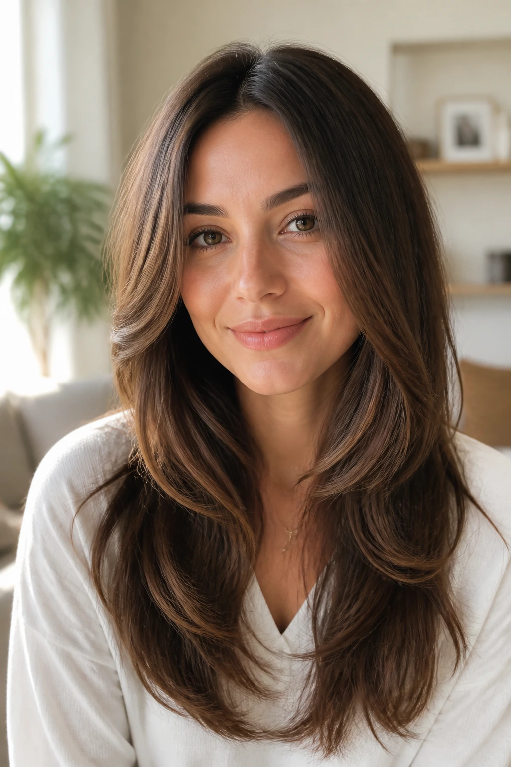 Close-up of a real person with long layers and a middle part framing the face