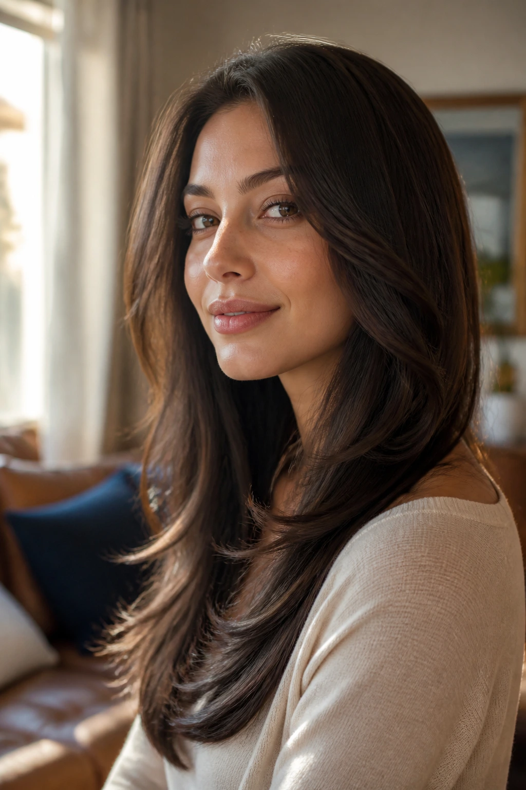 Close-up of a real woman with long layered hair starting below the chin, warm window light.