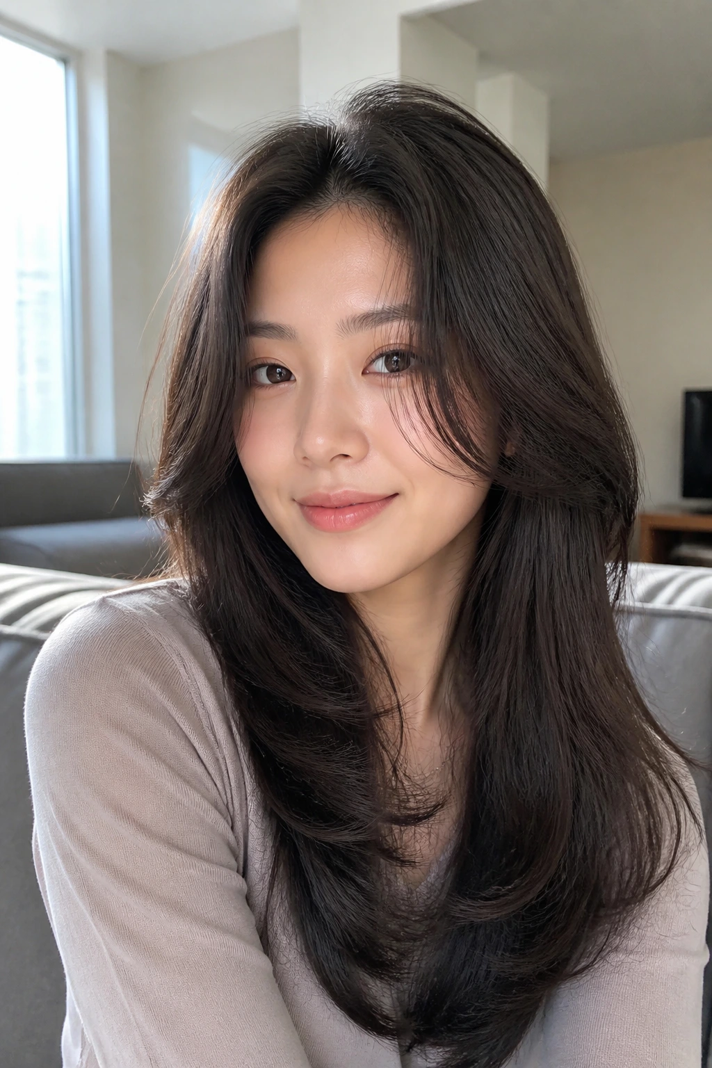 Real woman with long layered hair and crown root lift in sunlight