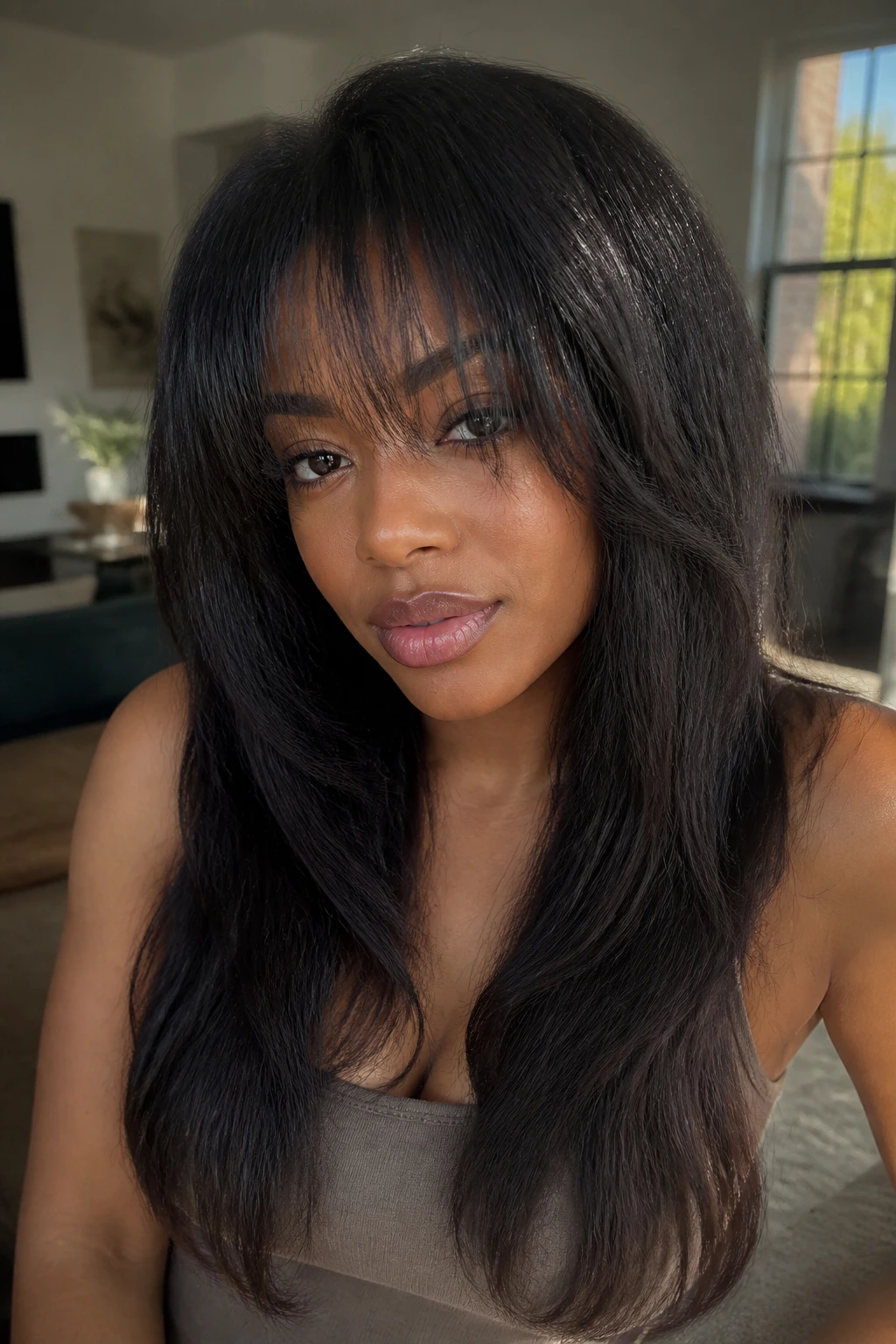 Close-up of a real woman with long layered hair and sparse see-through bangs in warm natural light