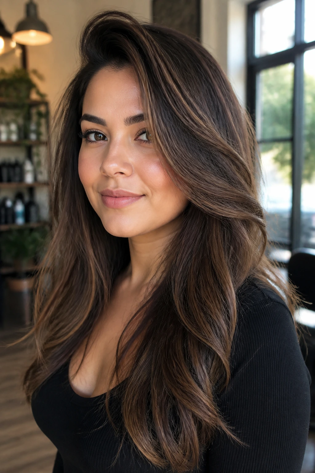 Close-up of a person with long layered hair and a deep side part